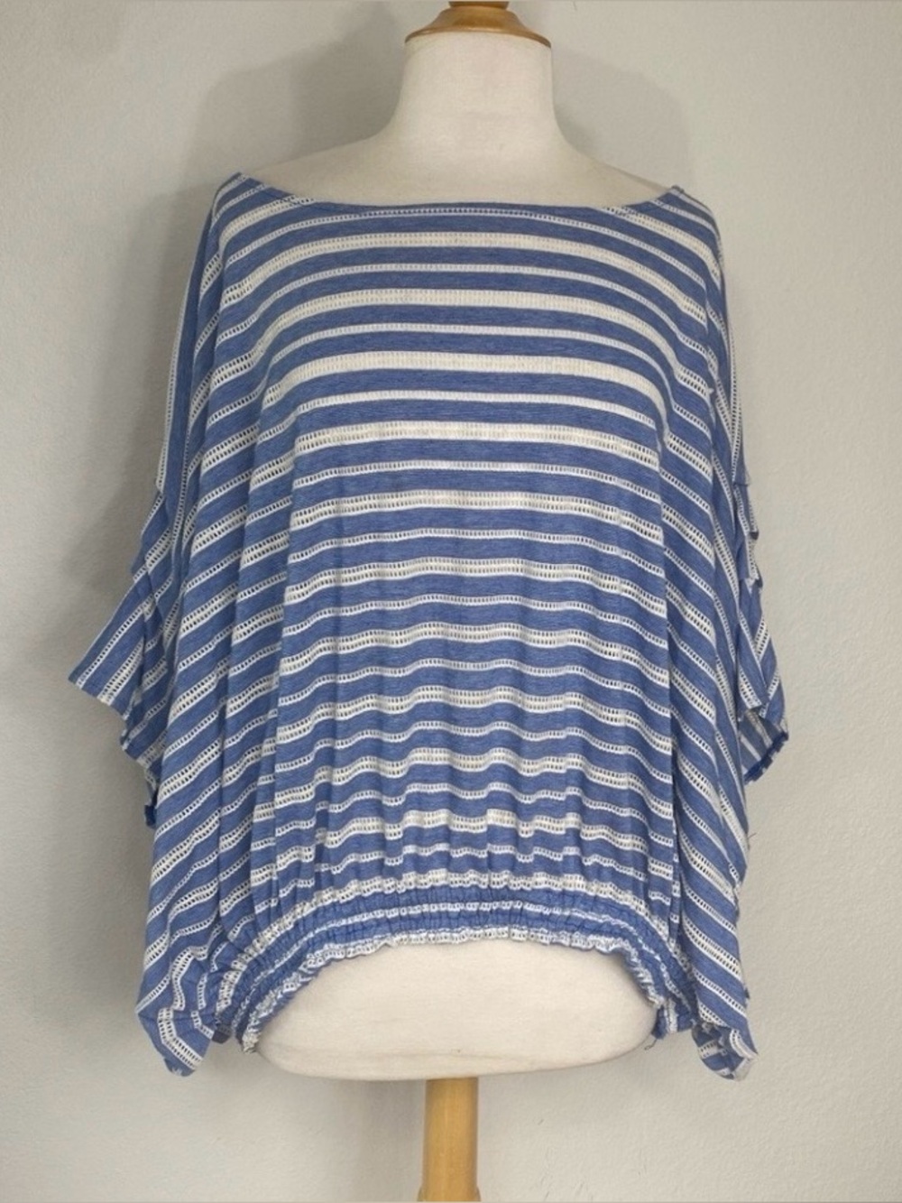 Free People Womens Blue White Coastal Stripe Oversize Kimono Sleeve Top Size L